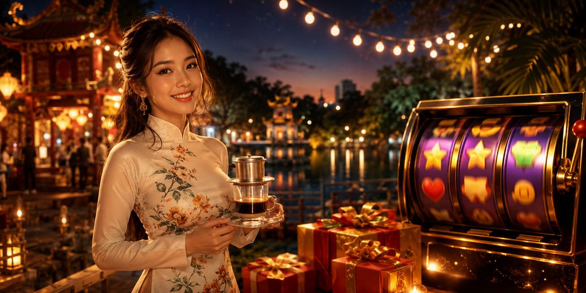 Không gian cà phê Hà Nội với màn hình trò chơi slot và hướng dẫn tài khoản
